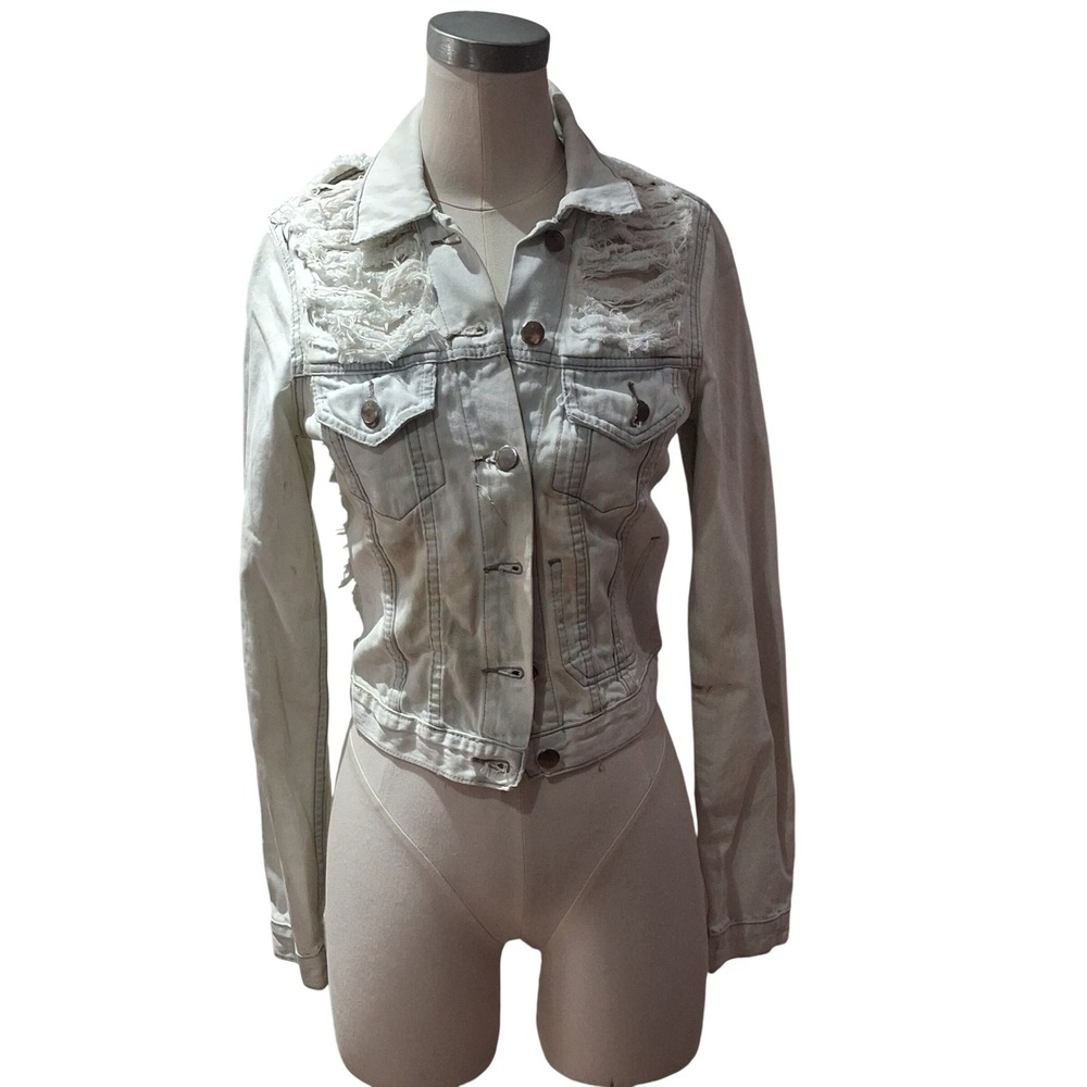 Carmar Denim Jacket Women XS White Distressed Shredded Cropped
